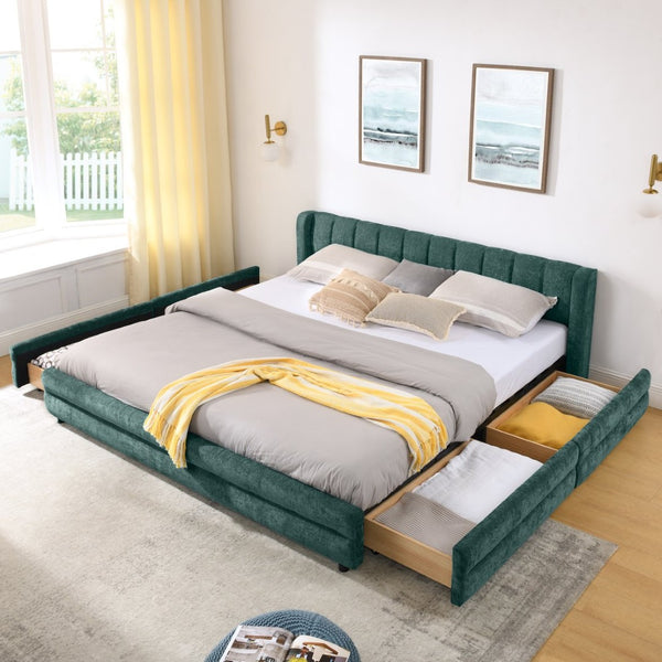 English Elm King Chenille Upholstered Platform Bed with Storage Drawers and Structured Headboard Blue+Green W487S00416