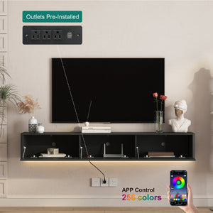 English Elm Floating Wall Mounted Tv Shelf with Led Backlight Gloss Cabinet and Built in Power Strip Black W1321P391262