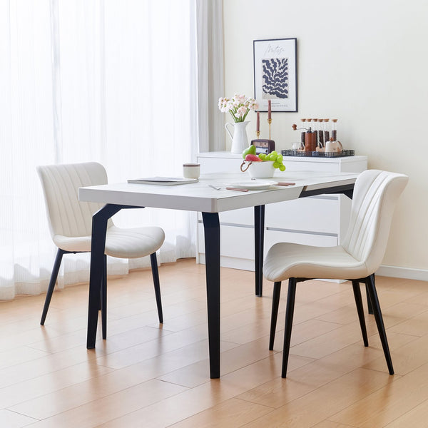 English Elm Set of 2 Dining Chairs with Thick Cushions and PU Leather Upholstery — Modern Sturdy Iron Frames for Home & Restaurant Seating Black,Cream White N842P300557K