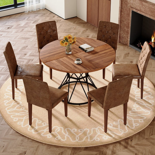 English Elm Table and Chair Set Walnut Round 47 Inch Seats 6 with Tufted Suede Dining Chairs W1151S04854