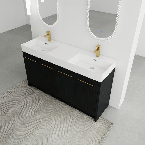 English Elm 60 Inch Freestanding Bathroom Vanity With Resin Double Sink & Soft-Close Doors For Modern Spaces W999S00181