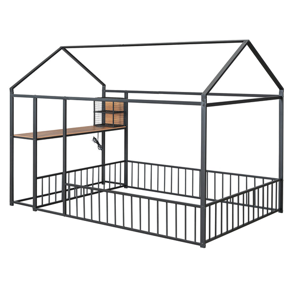 English Elm Full Size Metal House Bed Frame with Desk, Shelves, USB Power Ports & Playful Roof for Kids Room Delight Black N737P173491B