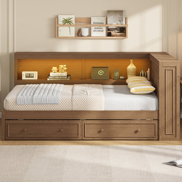 English Elm Full Pine Platform Daybed with Led Lighting Usb Charging Headboard Shelf and Drawers Wood N7090004032D