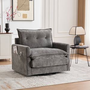 English Elm UNITED Swivel Barrel Chair with Chenille Upholstery, 360° Smooth Rotation, Padded Arm Comfort and Side Pockets for Living Room Relaxation Gray W1568P290087