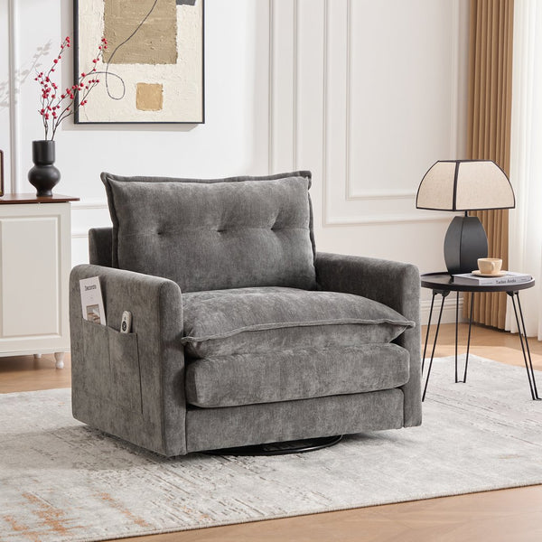 English Elm UNITED Swivel Barrel Chair with Chenille Upholstery, 360° Smooth Rotation, Padded Arm Comfort and Side Pockets for Living Room Relaxation Gray W1568P290087