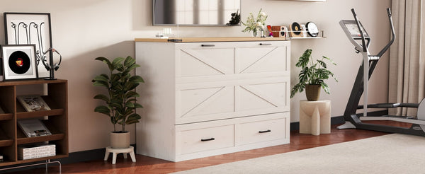 English Elm Queen Murphy Cabinet Bed Rustic Grey Farmhouse Style with Charging Station Storage W5271S00002