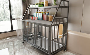English Elm Large Pet Cage with Iron Frame Mdf Panels Storage Rack and Steel Feeding Basins Black,Gray+Charcoal W3064P245387