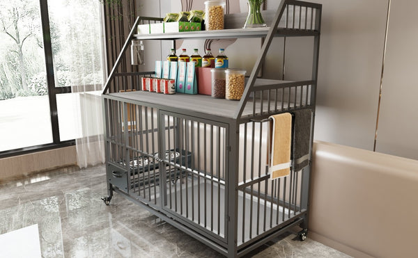 English Elm Large Pet Cage with Iron Frame Mdf Panels Storage Rack and Steel Feeding Basins Black,Gray+Charcoal W3064P245387