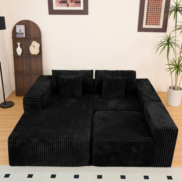 English Elm 112.99"Cloud Long-Pile Corduroy Sectional Sofa with L-Shape Chaise, Modular Deep-Seat Comfort for Living Room Black W3276S00009