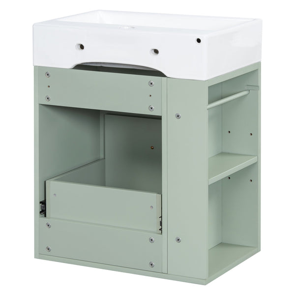 English Elm 20-Inch Compact Bathroom Vanity with Ceramic Sink, Wall-Mounted MDF Cabinet, Modern Space-Saver Design Green N725P314023F