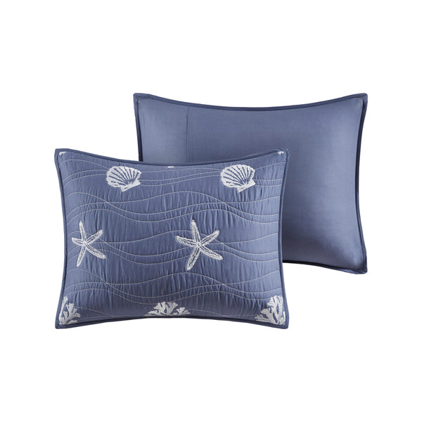 English Elm 4 Piece Cotton Reversible Embroidered Quilt Set with Coastal Starfish & Shell Motifs, OEKO-TEX Certified Quality Navy 20.87 L x 16.93 W x 6.5 H B03595793