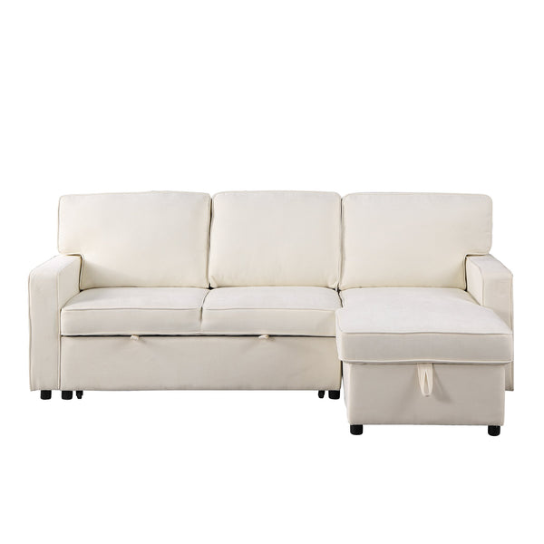 English Elm U_STYLE Chenille Upholstery Sleeper Sectional Sofa with Pull-Out Bed, Chaise Storage & Comfort Beige W1099S00146