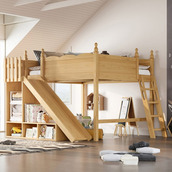 English Elm Queen Loft Bed With Detachable Slide, Storage Shelves & Cabinet - Solid Wood For Fun & Space Savvy! W1580S00250-GIGA
