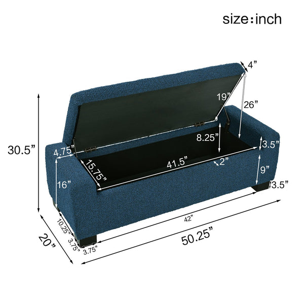 English Elm Christopher Knight Home® - 50" Ottoman Bench Textured Boucle with Flip-Lid Storage, Birch Legs, Soft-Close Hinges for Seating and Organization Blue N767P268309B