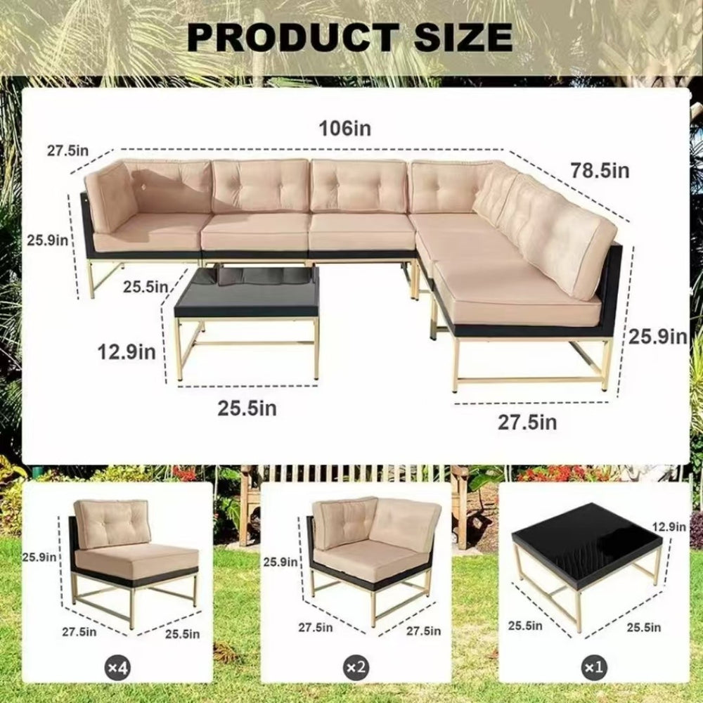 English Elm 7-piece Outdoor Modular Sectional with Rust-resistant Frame and Tempered Glass Table T5880S00014