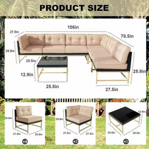English Elm 7-piece Outdoor Modular Sectional with Rust-resistant Frame and Tempered Glass Table T5880S00014