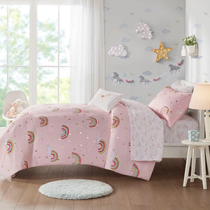 JLA Home Mi Zone Kids - Rainbow Dream Comforter Set with Gold Metallic Stars, Unicorn Sheets, Hypoallergenic OEKO‑TEX Care-friendly Pink MZK10-171
