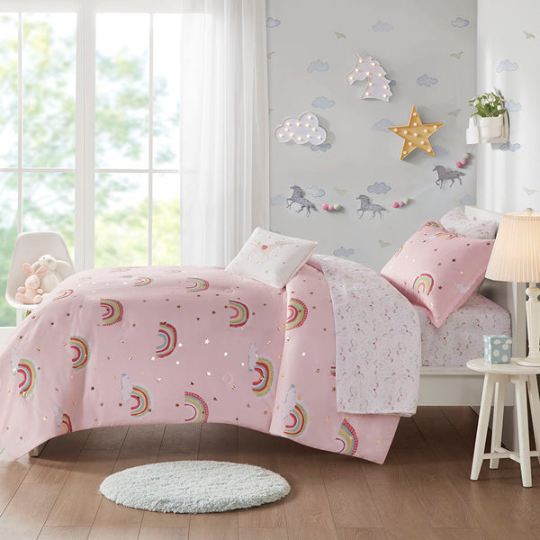 JLA Home Mi Zone Kids - Rainbow Dream Comforter Set with Gold Metallic Stars, Unicorn Sheets, Hypoallergenic OEKO‑TEX Care-friendly Pink MZK10-171