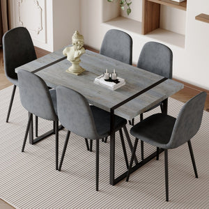 English Elm Table Set - Retro Minimalist Rectangular Dining Table With 6 Soft Chairs, Textured Top & Metal Legs W1151S03837-GIGA