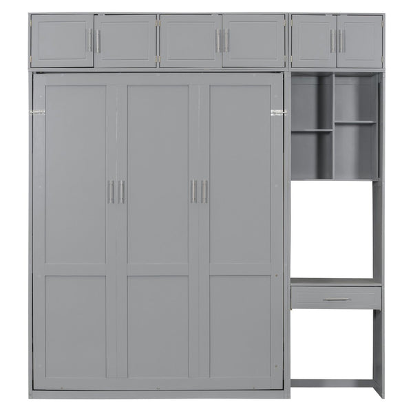 English Elm Queen Murphy Bed with Integrated Desk Cabinet Shelves Space Saving Studio Solution Gray N708S00021E-1