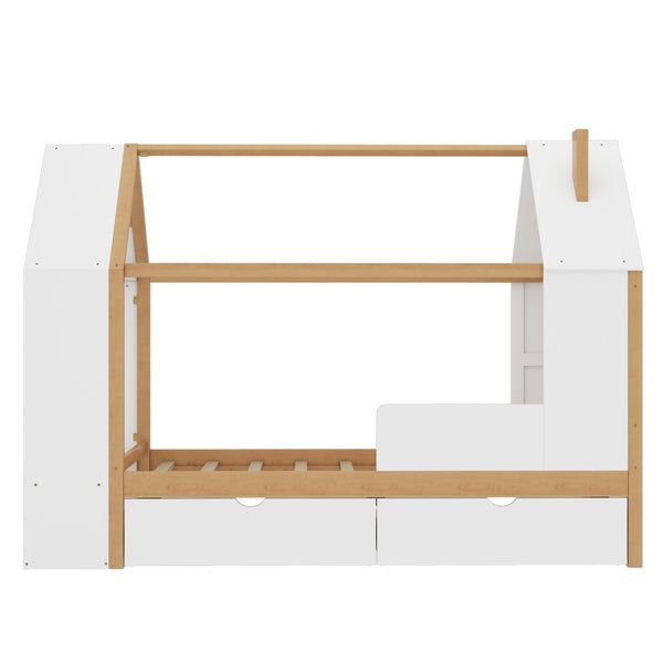 English Elm Twin House Frame Bed Pine Wood with Storage Drawers and Shelves for Kids Bedroom W1580S00572