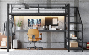 English Elm Twin Xl Metal Loft Bed with Stair Storage Shelves Sturdy Steel Frame for Dorms W1580S00434