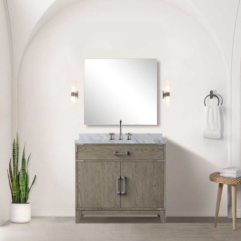 English Elm Grey Oak Single Bath Vanity Set With Carrara Marble Top, Chrome Faucet & 34” Mirror For Chic Bathrooms B2731S02011