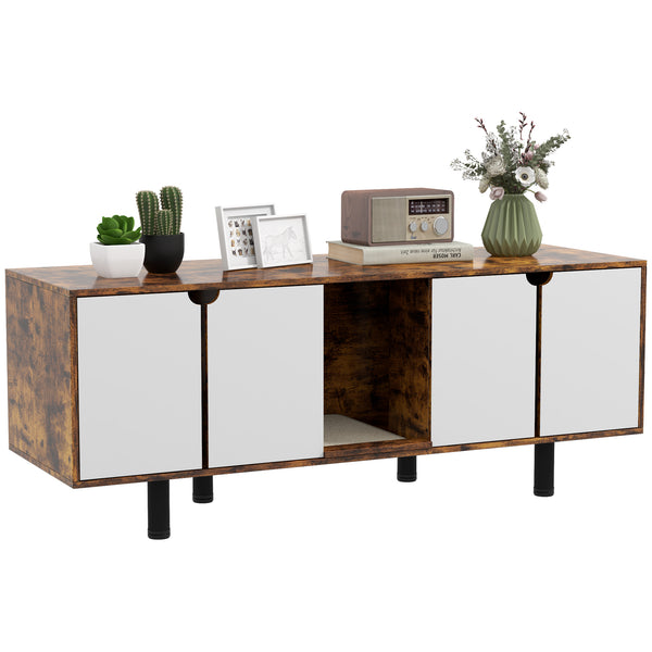 English Elm PawHut Multifunctional Hidden Litter Box TV Stand for Two Cats with Double Doors, Sand Pad, Vents Rustic Brown W2225P217295