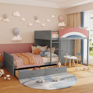 English Elm Full Size Offset Bunk Bed with Wardrobe Hanging Rod Drawers and Upholstered Rail Gray N820S00081E