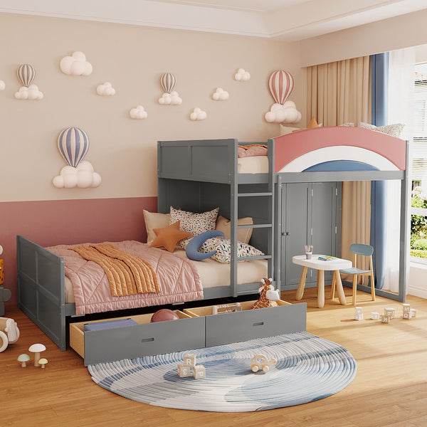 English Elm Full Size Offset Bunk Bed with Wardrobe Hanging Rod Drawers and Upholstered Rail Gray N820S00081E