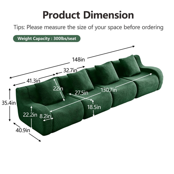 English Elm 4-Seat Boneless Sofa with Plush Teddy Fabric, No Assembly, Curved Armrests, Anti-Slip, Durable Fill Green W714S01444