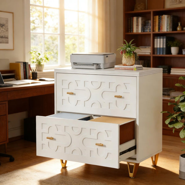 English Elm Multi-functional Nordic Filing Cabinet White Two Drawer Gold Handle Home Office Storage T3971P449298