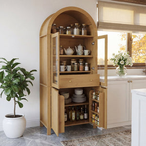 English Elm 71" Arched Glass Barn Door Pantry Cabinet Farmhouse Mdf Storage for Kitchen Dining Oak W2917S00015
