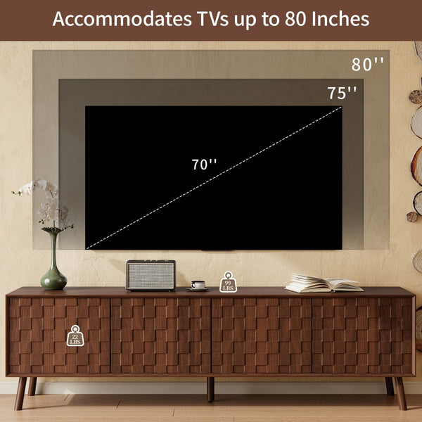 English Elm 70 Inch Fluted Entertainment Center Walnut Finish Solid Wood Legs Soft Close Storage N710P372582P