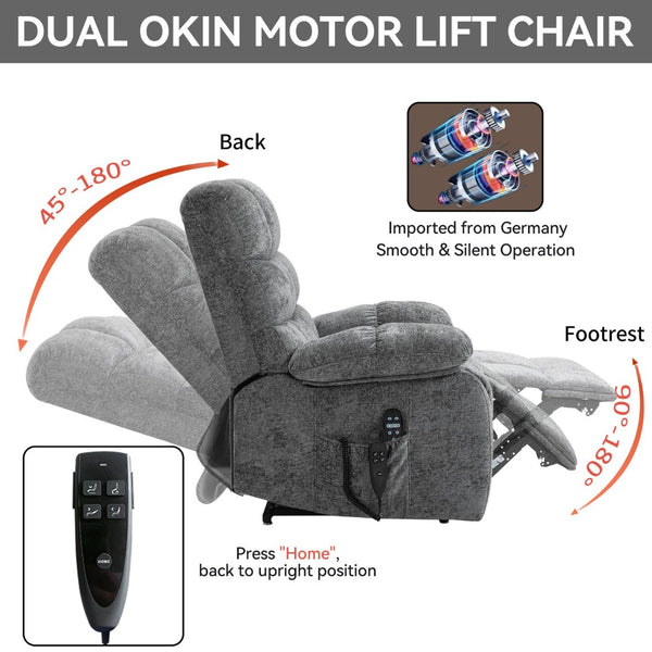 English Elm Lift Power Recliner Chenille Chair Dual Motor Massage Heat 350 Lb Capacity Living Room Grey W3224P288618