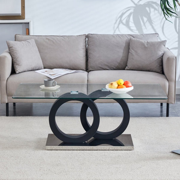 English Elm Modern Glass Top Coffee Table with Sculptural Mdf Base for Contemporary Living Rooms W3875P404317
