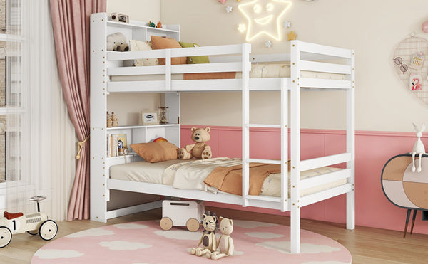 English Elm Twin Over Twin Bunk Bed With Integrated Shelves, Safety Guardrails & Convertible Design, White Finish W504S00214-GIGA