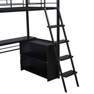 English Elm Twin Metal Loft Bed with LED Desk & 4 Shelves, Black — Sturdy Metal/Wood Frame, Space-Saving Design GX000652AAB