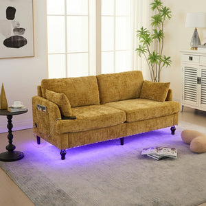 English Elm Modern chenille 2-seater sofa with LED lighting, USB charging, storage pocket, sturdy wood legs Mustard yellow W395P318542