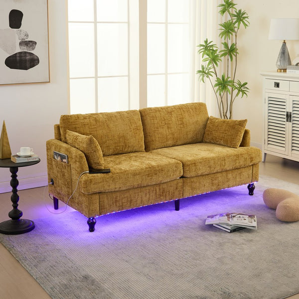 English Elm Modern chenille 2-seater sofa with LED, USB charging, storage pocket, solid wood legs, durable comfort Mustard yellow W395P318542