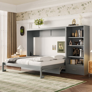 English Elm Queen Murphy Bed with Built-In Shelves, Height-Adjustable Storage & Drawer for Small Spaces Gray 71.6 L x 21.5 W x 6.1 H N733S309223E