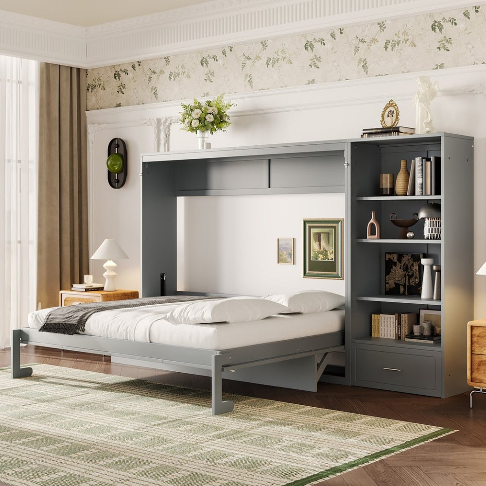 English Elm Queen Murphy Wall Bed with Folding Platform Side Cabinet Drawer and Adjustable Shelves Gray N733S407545E