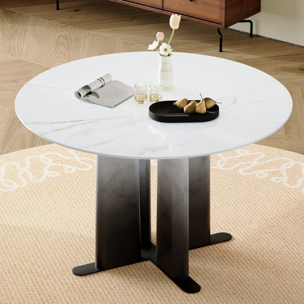 English Elm Round Mdf Dining Table with Gradient Cross Base Compact Modern Seating for Small Spaces White W3875S00028