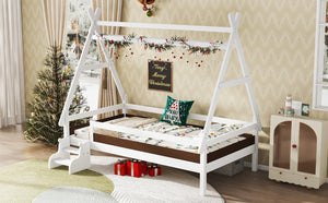 English Elm Twin House Shaped Platform Bed Solid Pine Frame with Built in Stairs for Kids W1580P354718
