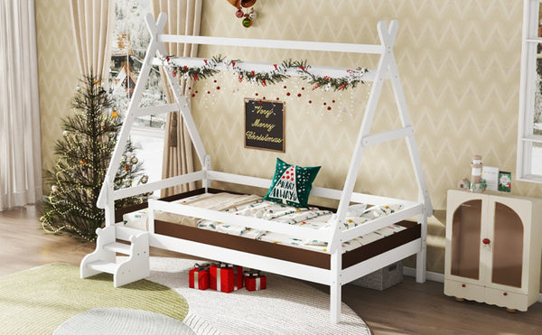 English Elm Twin House Shaped Platform Bed Solid Pine Frame with Built in Stairs for Kids W1580P354718