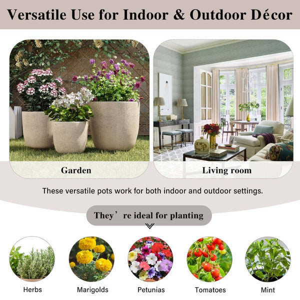 English Elm U_style Mgo Concrete Look Round Planters Set of 3 Lightweight Stackable Outdoor Pots Beige+Yellow N711P406670E