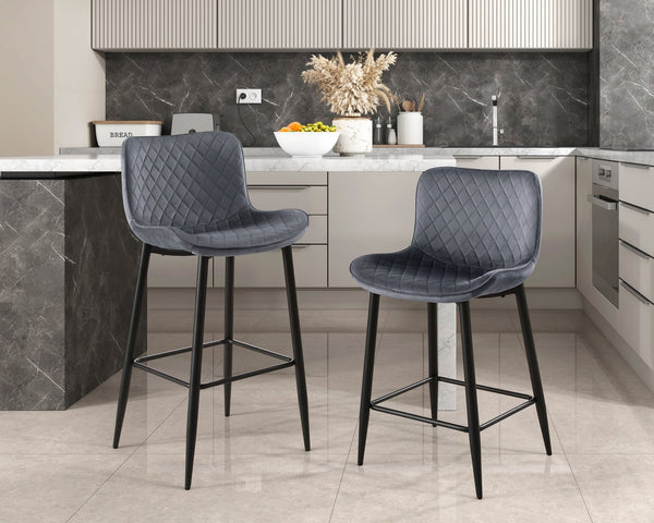 English Elm Set of 2 Counter Height Chairs with Diamond Stitch Velvet Upholstery and Sleek Black Metal Legs, 24" Seat Dark Gray 29.5 L x 26.25 W x 15.5 H B011P234284
