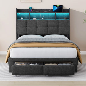 English Elm Full Linen Upholstered Bed with LED Lights, 20W Fast Charging, 2 Drawers & Memory Foam Headboard - Dark Gray W1550P190361