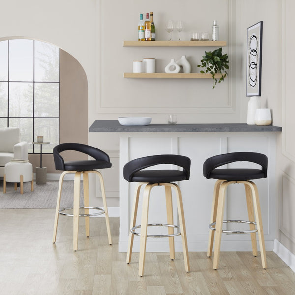 English Elm Fixed-height Swivel Barstools with Bent Wood Legs and Faux Leather Seats Set of 2 B202S01860