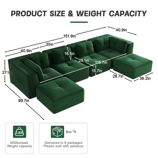 English Elm Modern Corduroy Modular Sectional with Tufted Cushions Two Ottomans Living Room Green W714S01800